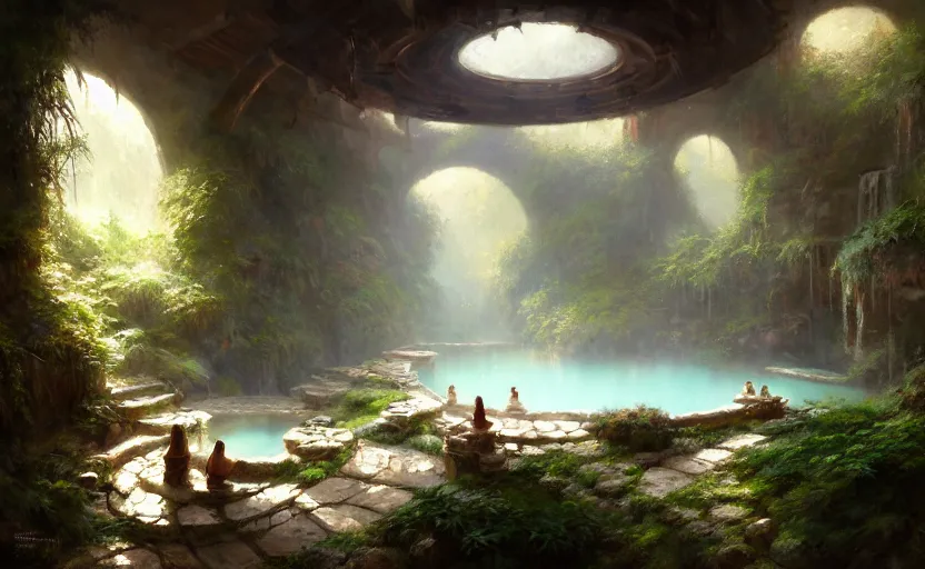 Image similar to painting of an interior of a hot spring in the mountains, fantasy, lush plants and flowers, natural light, concept art, by greg rutkowski and craig mullins, cozy atmospheric and cinematic lighting, trending on artstation