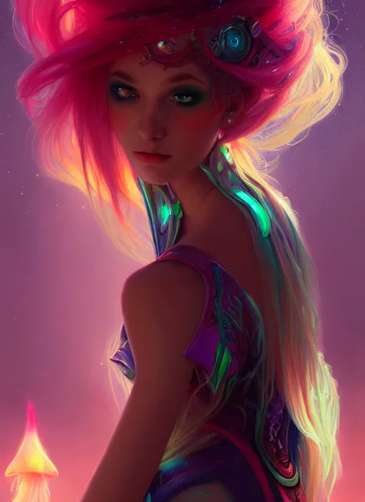 Image similar to stunningly beautiful female neon hair, fantasy art, fae priestess, mushroom forest landscape, dark light night, sharp focus, digital painting, 4 k, concept art, art by wlop, artgerm, greg rutkowski and alphonse mucha