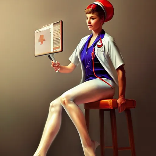 Prompt: portrait of a nurse on a stool, expressive pose, futuristic, highly detailed, digital painting, artstation, concept art, smooth, sharp focus, by Art Frahm