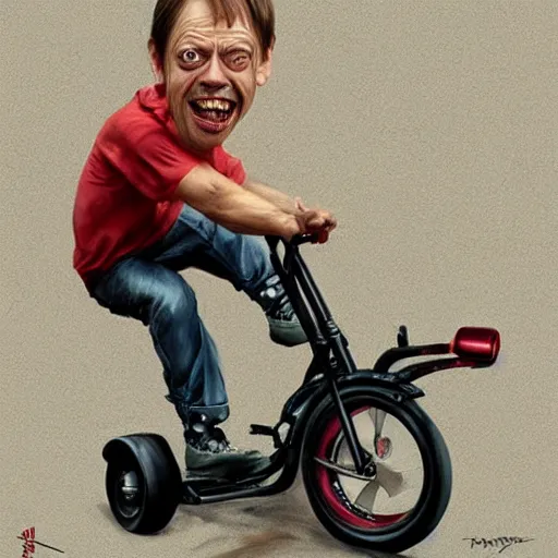 Image similar to hyper realistic absurd, silly, making faces, steve buscemi riding a tiny tricycle, painted by greg rutkowski, wlop, artgerm