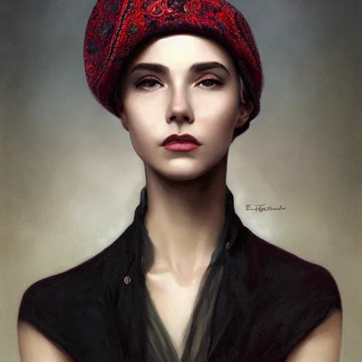 Prompt: portrait of an elegantly dressed short haired hipster girl, extremely dark and prominent circles around eyes, irritated expression, bohemian fashion, wearing a beret, artsy, intricate, elegant, highly detailed, digital painting, artstation, concept art, smooth, sharp focus, illustration, art by artgerm and greg rutkowski and alphonse mucha