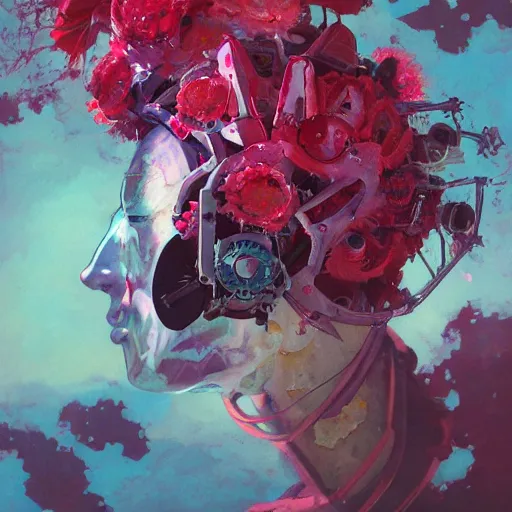 Image similar to surreal gouache painting, by yoshitaka amano, by ruan jia, by conrad roset, by Kilian Eng, by good smile company, detailed anime 3d render of a mechanical android head with flowers growing out, portrait, cgsociety, artstation, modular patterned mechanical costume and headpiece, retrowave atmosphere