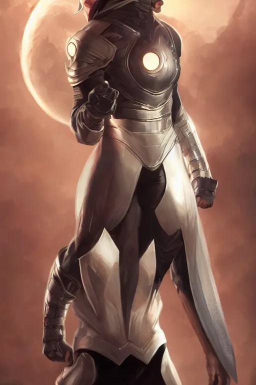 Image similar to characters portrait of Invincible mixed with Moon knight by ArtGerm and Tom Bagshaw, merged character, Full body shot, cinematic opening shot, 4k, highly detailed, cinematic lighting