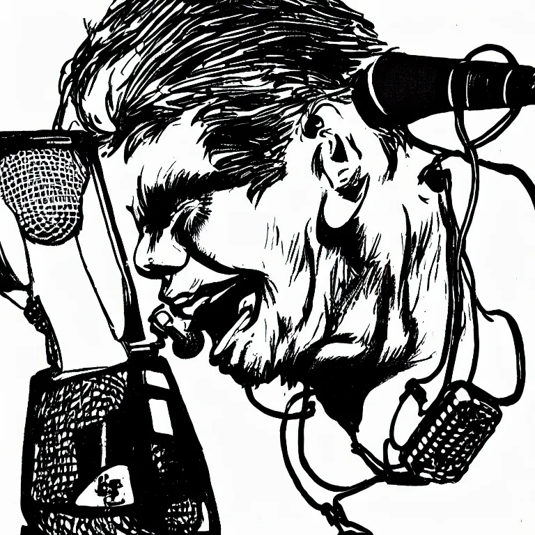 Image similar to rapping into microphone, epic angle, profile view, illustrated by Victor Moscoso