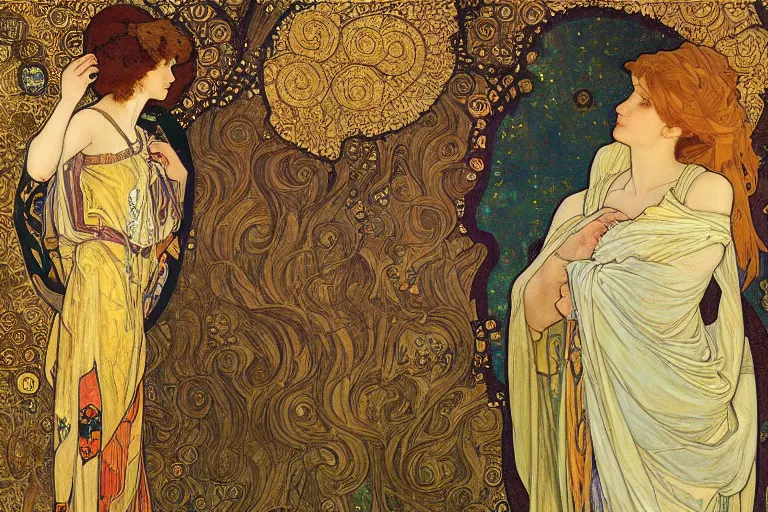 Image similar to the annunciation oil painting cross between the styles of alphonse mucha and gustav klimt gold leaf, intricate detailed,