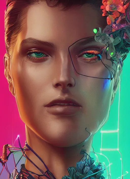 Prompt: android face surrounded by neon cables and a lot of flowers. portrait by mœbius and will eisner and gil elvgren and pixar. realistic proportions. cyberpunk 2 0 7 7, apex, blade runner 2 0 4 9 concept art. cel shading, soft light, close - up portrait, medieval fashion model, attractive face. thick lines, 8 k
