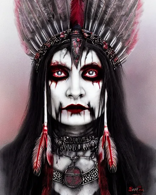 Image similar to lady native sisters ghost - spirit of the grim - warpaint wears the scarlet skull armor and native blood headdress feathers, midnight fog - mist!, dark oil painting colors, realism, cinematic lighting, various refining methods, micro macro autofocus, ultra definition, award winning photo, photograph by ghostwave - gammell - giger - shadowlord