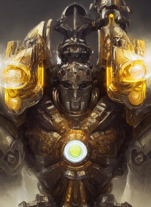 Image similar to dynamic head-on abstract portrait of a intricate glorious holy mechanical warforged character in yellow armor holding a paladin engraved great longsword drawn and carrying a big paladin shield, beam glowing eye , face in focus, epic , trending on ArtStation, masterpiece, cinematic lighting, by Ross Tran and by Greg Rutkowski