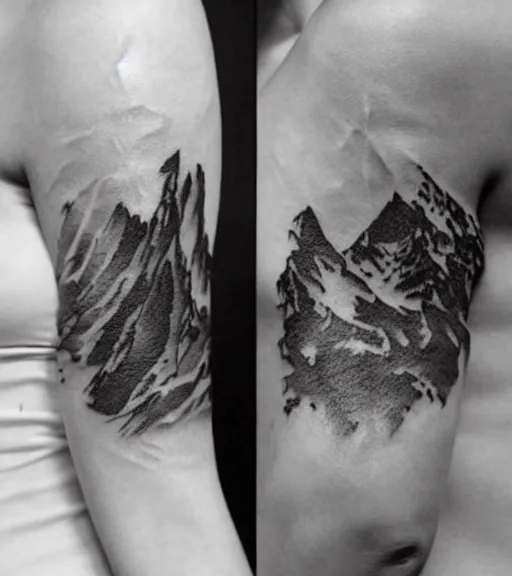 Image similar to tattoo design sketch of an extremely beautiful woman with a background of beautiful mountains on her side, hyper - realistic, double exposure effect, in the style of den yakovlev, amazing detail, black and white, faded