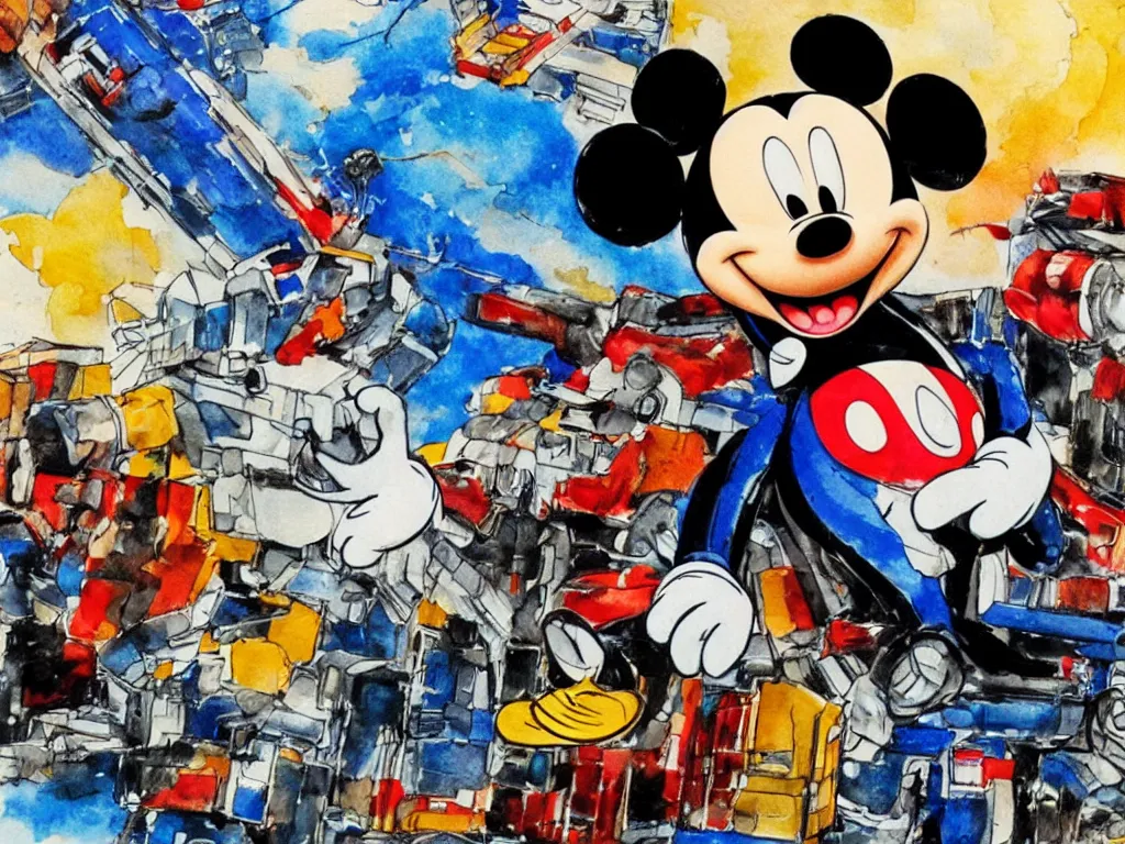Image similar to mickey mouse is dissecting optimus prime, cinematic landscape ， close - up ， natural light, ink painting