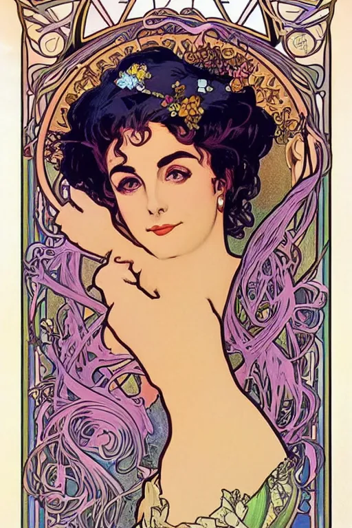 Image similar to realistic detailed face portrait of Mermaid Elizabeth Taylor, by Alphonse Mucha, and Lisa Frank, Art Nouveau, Neo-Gothic, gothic, rich deep colors