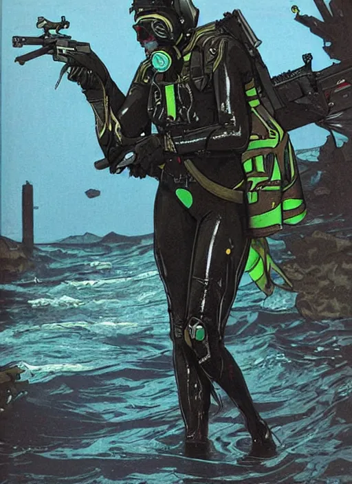 Image similar to Sara. USN blackops operator emerging from water at the shoreline. Operator wearing Futuristic cyberpunk tactical wetsuit and looking at an abandoned shipyard. Frogtrooper. rb6s, MGS, and splinter cell Concept art by James Gurney, Alphonso Mucha. Vivid color scheme.