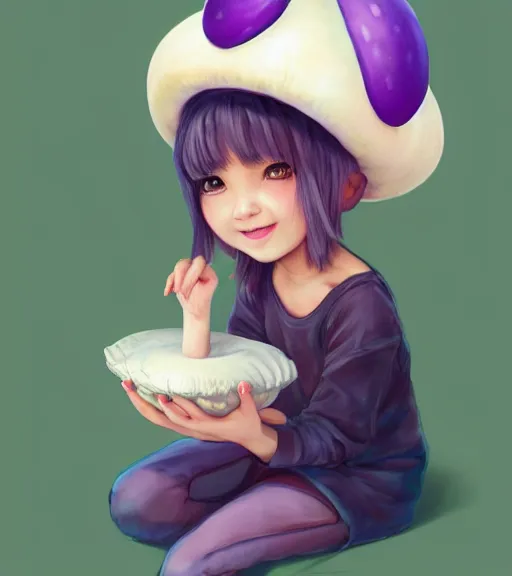 Image similar to a beautiful little girl wearing a mushroom hat sitting | | cute - fine - subtle smile, curved purple hair, face, pretty face, fine details by stanley artgerm lau, wlop, rossdraws, james jean, andrei riabovitchev, marc simonetti, and sakimichan, trending on artstation