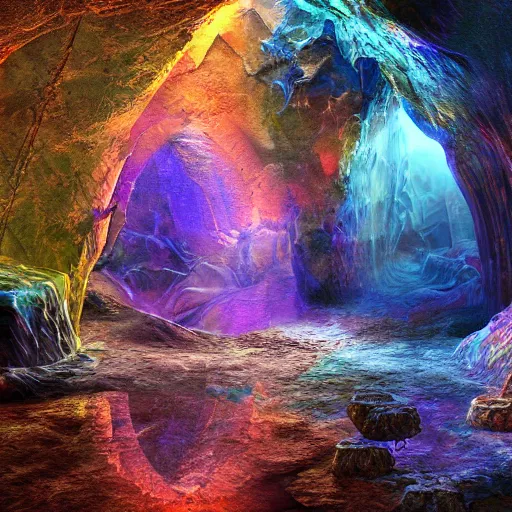 Prompt: mystical cave, underground water, spires, crystals, minerals, photorealistic, digital art, vibrant, ripples