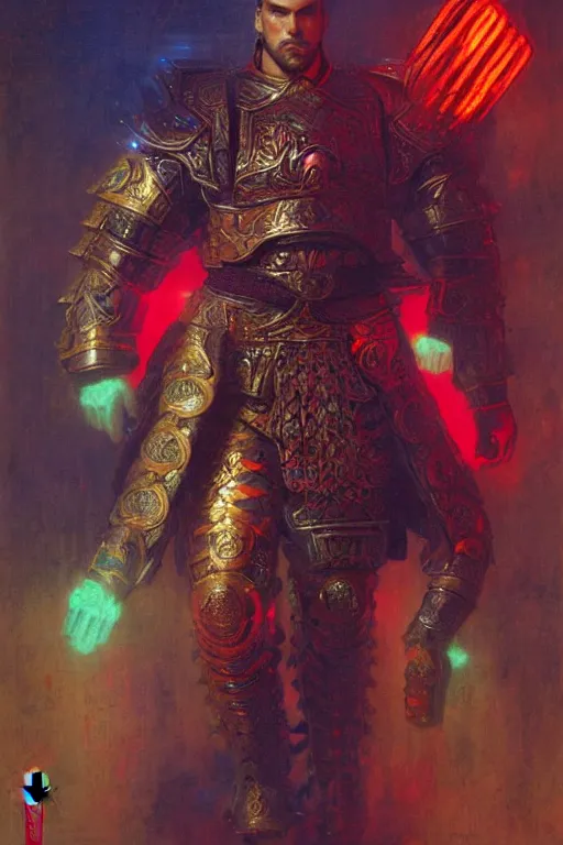 Image similar to attractive beefy male with armor, ming dynasty, character design, colorful, neon lights, cyberpunk, painting by gaston bussiere, craig mullins, j. c. leyendecker, tom of finland