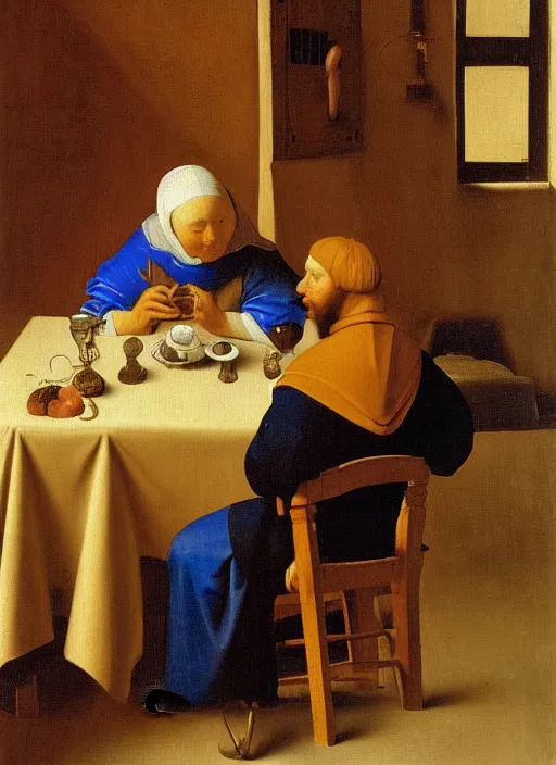 Prompt: Young man sitting at the table with young pretty blonde girl at the crowded inn. Medieval painting by Jan van Eyck, Johannes Vermeer, Florence