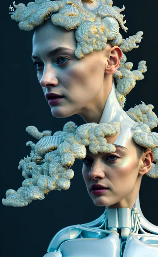 Image similar to intricate hyper detailed ultra sharp 3 d render of a beautiful porcelain seductive woman portrait, medium shot portrait, bright light, alexandre ferra white mecha, cyberpunk mechanical haute couture huge fractal mycelum and fungi, magnolia goliath head ornaments, big embroidered leaves filigree sinuous roots, octane render, volumetric cinematic lighting, yellow, 8 k, vray tracing