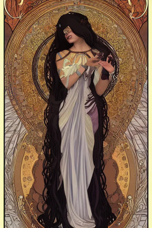 Image similar to Nephthys the goddess of death, in style blend of Botticelli and alphonse mucha and brom, amazing detail, stunning lines, flat colors, 4K, digital illustration, character concept