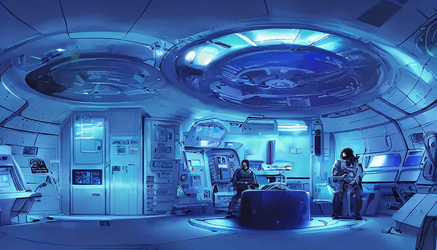 Prompt: a space ship circular medic room with bright holodesk in the center showing a blue hologram of a solar system, cryogenic pods, dark people discussing, contrasted light, clair obscur, illustration, clean lines, star wars vibe, by sead mead, by feng zhu!!! by moebius, vivid colors, spectacular cinematic scene