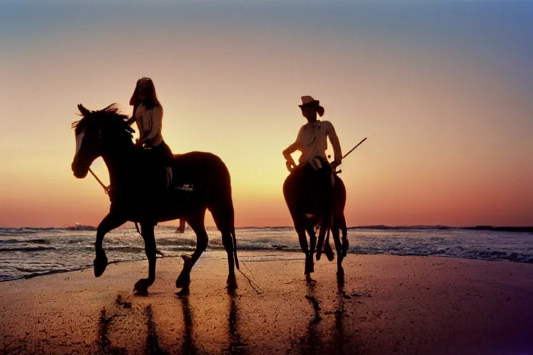 Image similar to A clockwork horse riding wild along the beach at sunset, 35mm, kodachrome, 4K UHD image