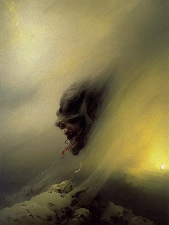 Image similar to painting by ivan aivazovsky of a flying sorrowful looking human head with tears running down it's eyes, face that is chalk white in color, with long sprawling white tentacles stemming down it's neck, fiery scorching red eyes, flying in a terrying hellish dark cavernous place