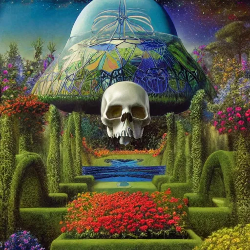 Prompt: a colorful, detailed print - a garden in the sky with a latticework of trees and the remnants of a flying saucer with a skull background. by arnold bocklin and barclay shaw, masterful print. 4 k, unreal engine stunning art nouveau