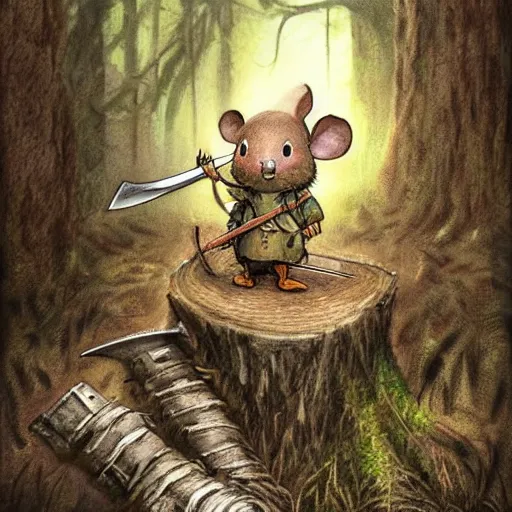 Image similar to Mouse Guard sits on a stump holding a sword, in deep forest, by rivuletpaper, rivuletpaper art, Mouse Guard by David Petersen, mouse photo, small details, realistic illustration, illustrations by Stephen Reid