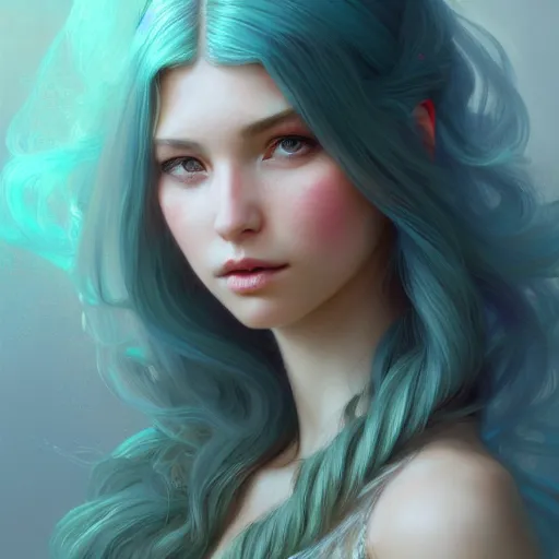 Image similar to beautiful girl with long turqoise hair, cute, intricate, highly detailed, digital painting, trending on artstation, concept art, smooth, sharp focus, illustration, unreal engine 5, 8 k, art by artgerm and greg rutkowski and alphonse mucha