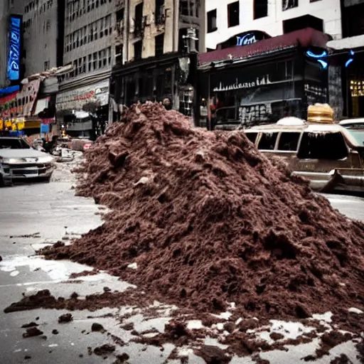 Image similar to tsunami of liquid chocolate on new york, post apocalyptic, cinematic, end of the world