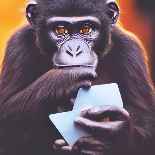 Image similar to ''A centered image of a monkey holding cards in his hand, 8k, realistic''