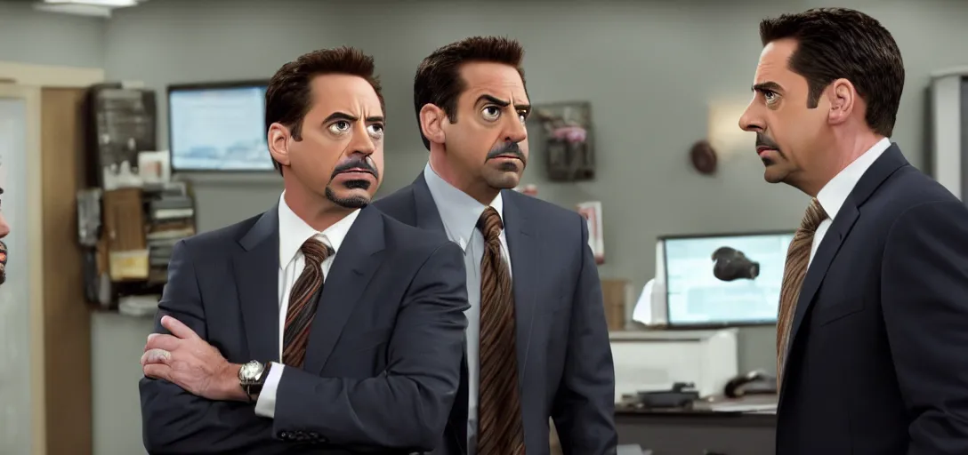 Image similar to a very high resolution image of tony stark with micheal scott. from an episode of the office. photorealistic, photography