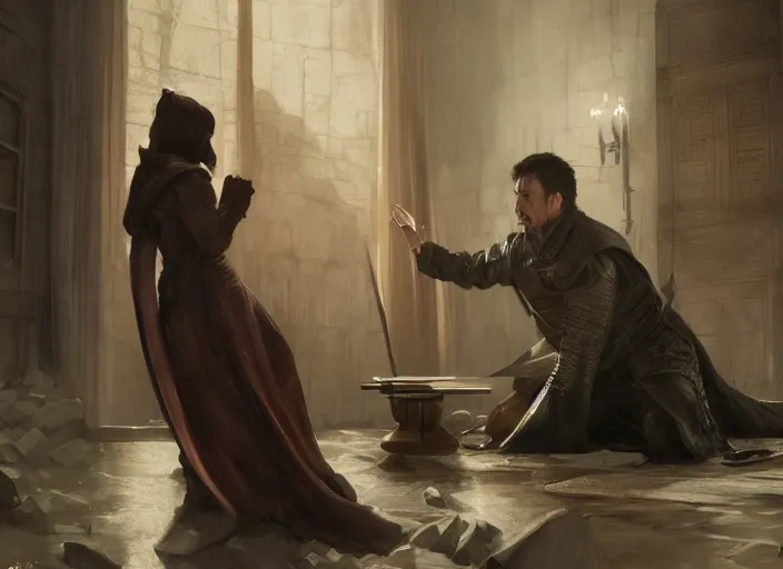 Prompt: catelyn tully confronting petyr baelish in his office, close up, cinematic fantasy painting, dynamic perspective, game of thrones, mandy jurgens and ruan jia and marc simonetti