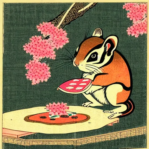 Image similar to japanese edo period woodblock print of a chipmunk eating pizza with pink blossoming cherry trees in the background, art by greg rutkowski and yoji shinkawa and akira toriyama