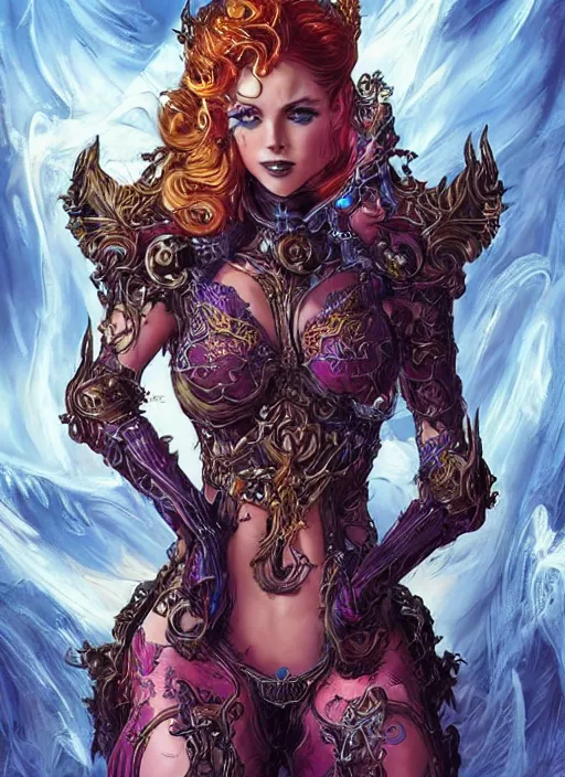 Prompt: front portrait hands behind body pose of sensual Lady Mechanik with ginger wavy hair, hands behind her body pose!, Intricate overlay magic lightings imagery , D&D!, fantasy style, sharp focus!, ultra detailed, art by Artgerm and Peter Andrew Jones, WLUP