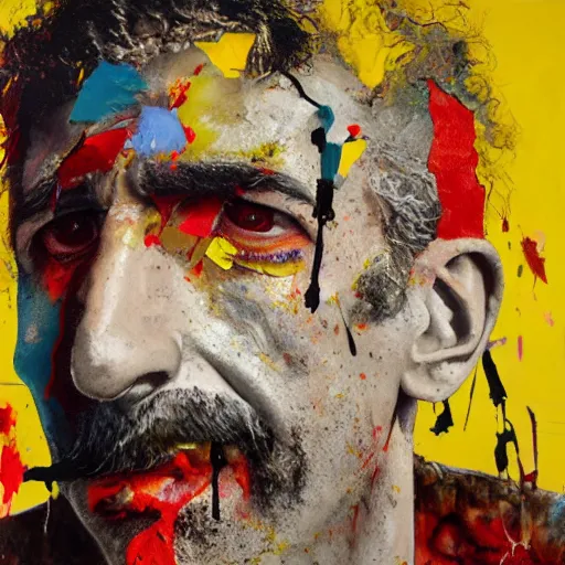 Image similar to hyperrealistic, photorealistic, mixed media oil painting of frank zappa, magazine scraps, plaster, blood, oil, mustard, cigarettes, splatter, trending on artstation, award - winning painting, greg rutkowski, basquiat, david lynch, ralph steadman, terry gilliam