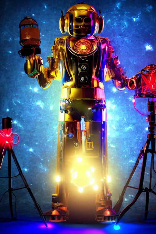 Image similar to portrait photo of a giant huge golden and blue metal humanoid female steampunk robot singer with headphones and microphone and gears and tubes, in the foreground is a big red glowing microphone on a tripod, eyes are glowing red lightbulbs, shiny crisp finish, 3 d render, 8 k, insaneley detailed, fluorescent colors, background is multicolored lasershow