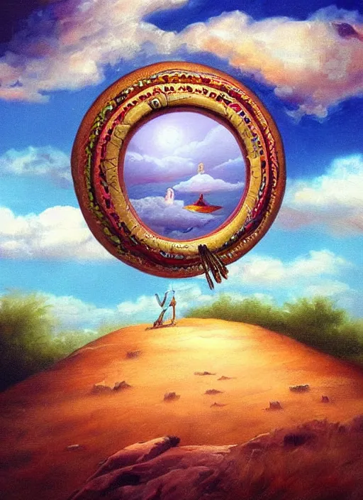 Prompt: a beautiful painting of a highly decorated round shamanic drum on the ground, with a beautiful cloudy sky, fantasy art, matte painting