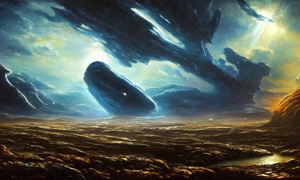 Image similar to the most beautiful landscape, oil painting, alien breathtaking landscape, giant spaceship, cinematic lighting, highly detailed, very realistic