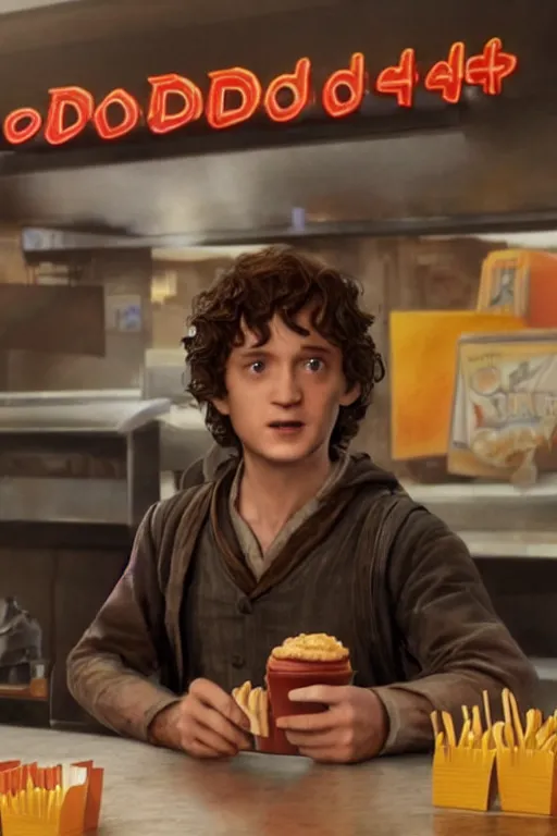 Image similar to film still of frodo working at mcdonalds in the new avengers movie, oil on canvas, intricate, 8 k highly professionally detailed, hdr, cgsociety
