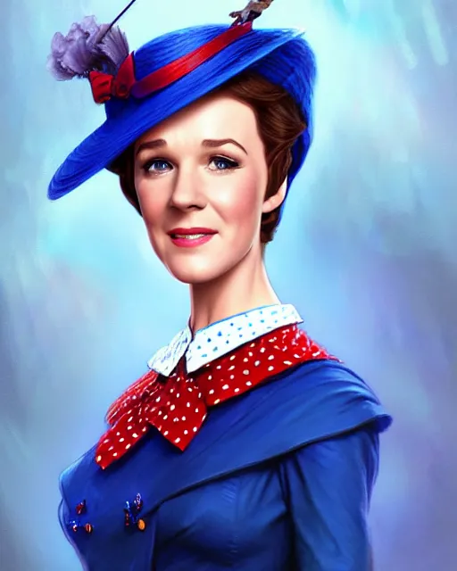 Image similar to Julie Andrews Mary Poppins from Disney 1964 dancing, D&D, fantasy, intricate, elegant, highly detailed, digital painting, artstation, concept art, matte, sharp focus, illustration, hearthstone, art by Artgerm and Greg Rutkowski and Alphonse Mucha