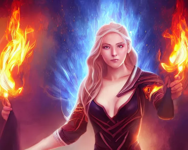 Prompt: digital art by wlup and artgerm in the style of throne of glass book covers illustrations, a young adult female magician with fireballs in hand and a blue magic lighting aurea overlay