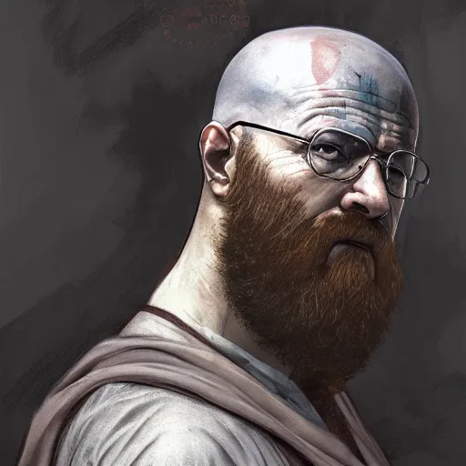 Image similar to Heisenberg as Kratos, highly detailed, digital painting, artstation, concept art, smooth, sharp focus, illustration, ArtStation, art by artgerm and greg rutkowski and alphonse mucha and J. C. Leyendecker and Edmund Blair Leighton and Katsuhiro Otomo and Geof Darrow and Phil hale and Ashley wood and Ilya repin and Charlie Bowater