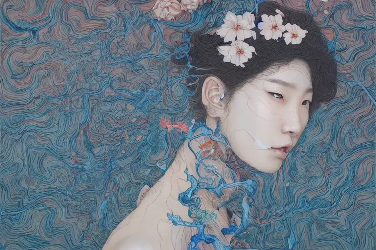 Image similar to Lee Jin-Eun by James Jean, rule of thirds, seductive look, beautiful, in flowy multiversal electrifying waters