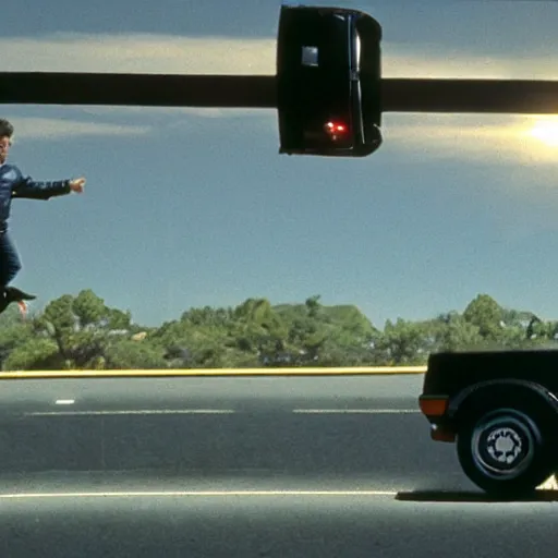 Image similar to movie still of the knight rider jumping over a truck