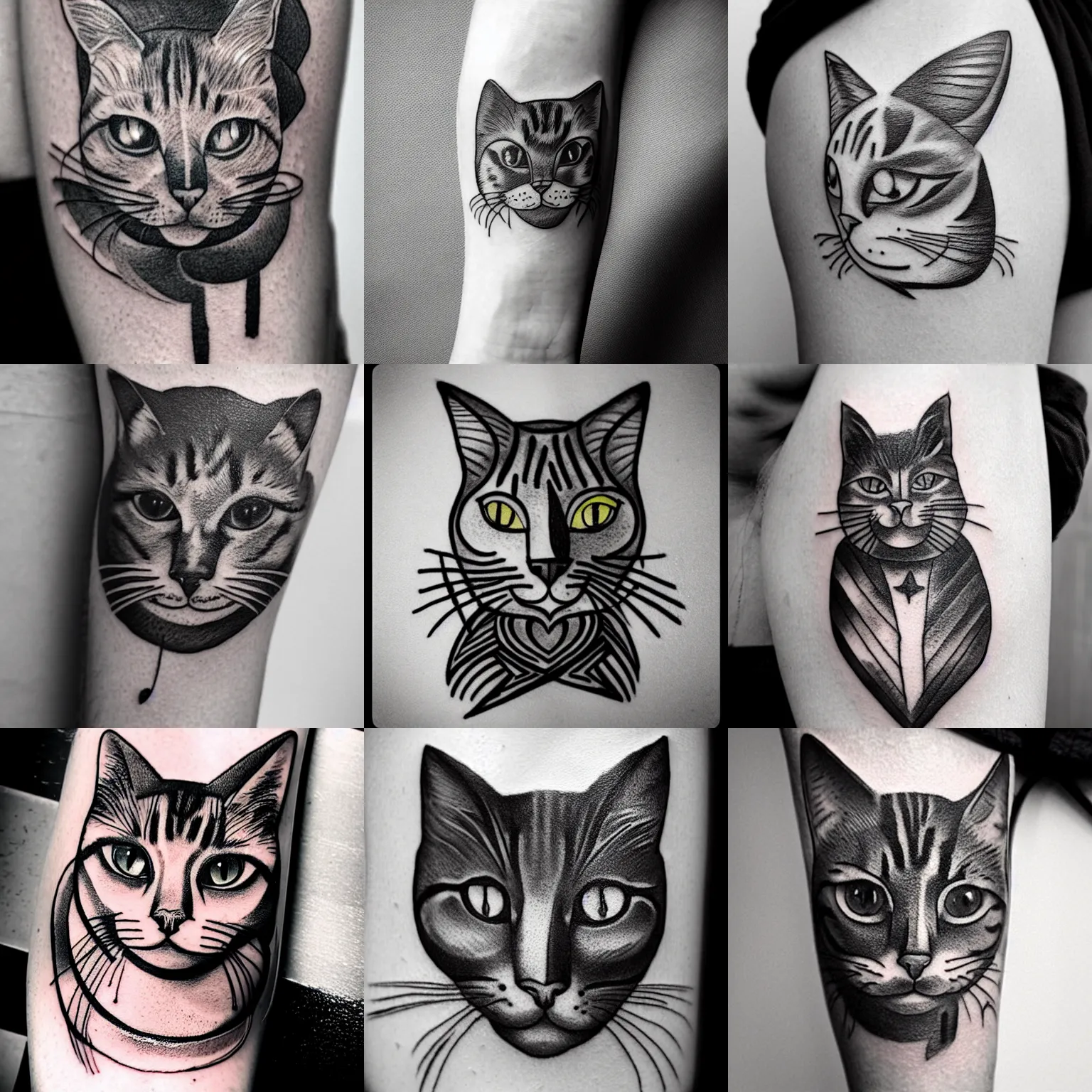 Prompt: tattoo portrait of a cat, picasso, minimal, abstract, line art, outline, bold, beautiful, striking, stick and poke, black and white