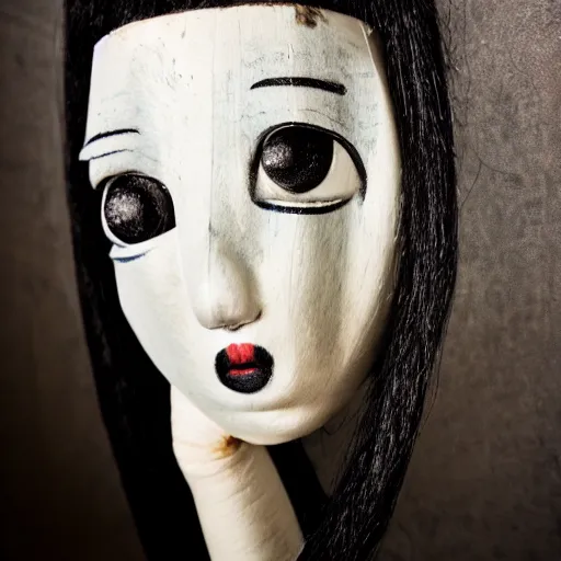 Prompt: a doll with black hair and a white face, a character portrait by kano sanraku, cgsociety, mingei, creepypasta, made of trash, made of cardboard