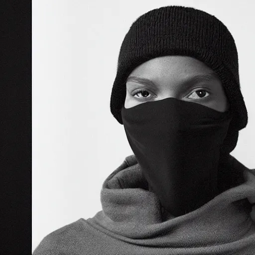 Image similar to realistic photoshooting for a new balenciaga lookbook, dark, color film photography, portrait of a beautiful woman, model is wearing a balaclava mask, in style of tyler mitchell, 3 5 mm,