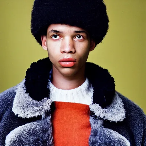 Prompt: realistic photoshooting for a new balenciaga lookbook, color film photography, portrait of a beautiful woman, model wearing a sherpa jacket, by photo in style of Tyler Mitchell, 35mm,