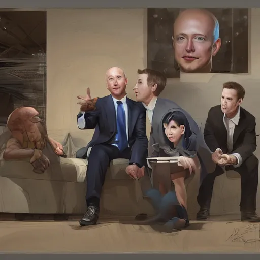 Prompt: elon musk, mark zuckerberg, jeff bezos, in meeting together, very detailed, art contest winner on behance, trendy on deviant art, by artgem, stanley lau, craig mullins