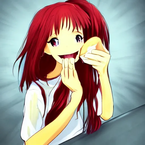 Prompt: a girl eating a sandwich, red hair, anime art, detailed, hd, smooth